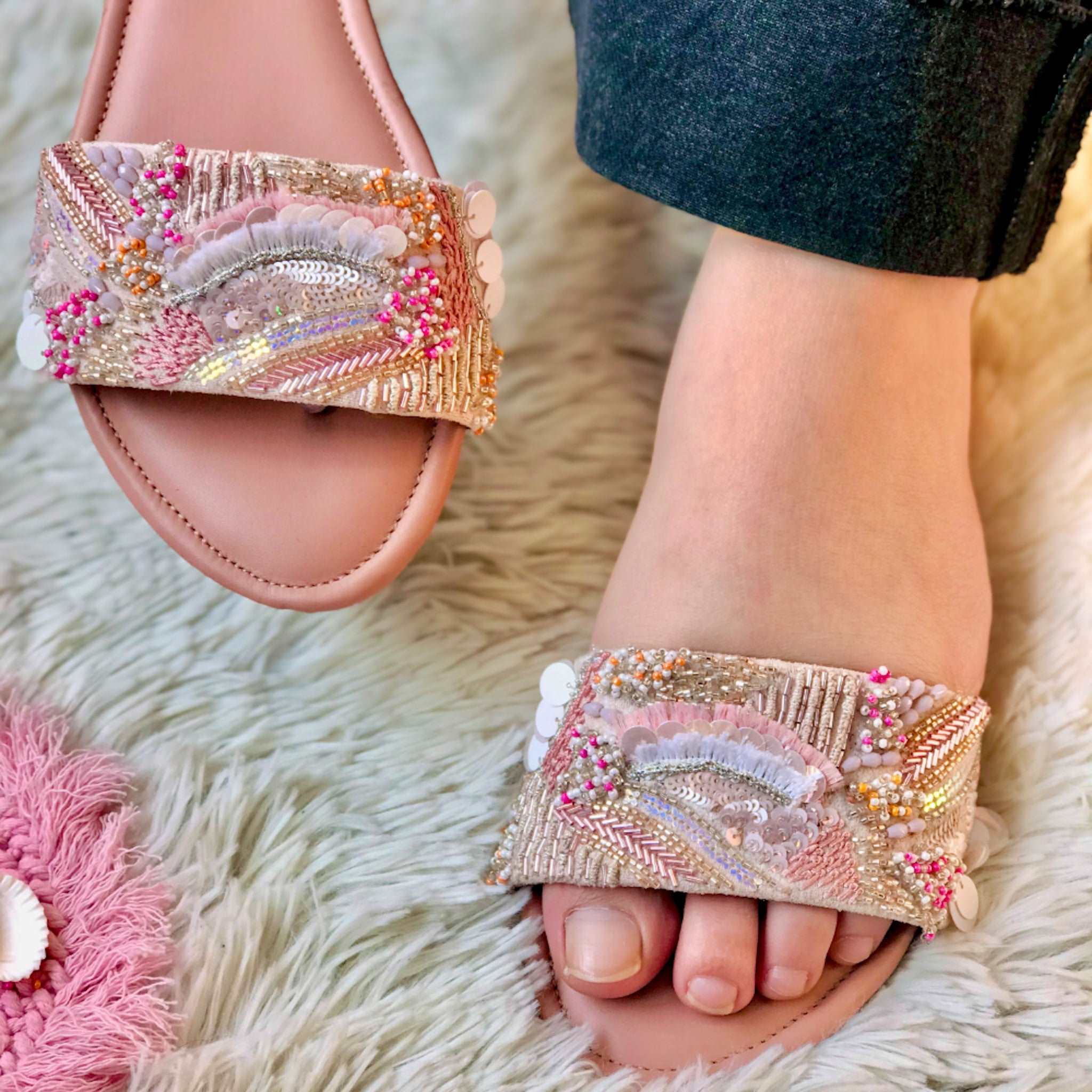 Ethnic Handcrafted Embroidered Coral Pink Sliders for Women