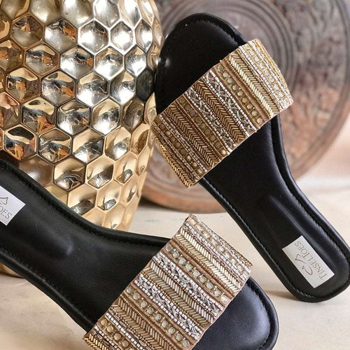 Handcrafted Stylish Golden Sliders embroidered with premium quality stones, sequins, katdana and beadwork for Women.