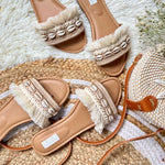 White and Beige stylish sliders embroidered with traditional sea shells and handcrafted laces.