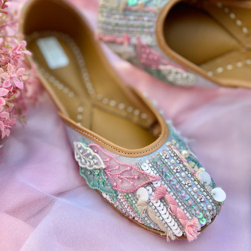 Pastel & blue pink embellished with katdana, sequins, beads, threads and organza leaves stylish trendy ethnic/casual juttis.