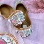 Pastel & blue pink embellished with katdana, sequins, beads, threads and organza leaves stylish trendy ethnic/casual juttis.