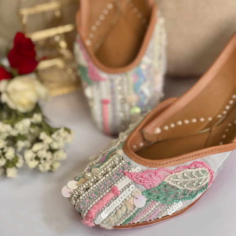 Pastel blue pink embellished with katdana, sequins, beads, threads and organza leaves stylish trendy ethnic/casual juttis.