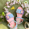 Beautiful blue and pink bellies adorned with colourful organza along with sequin and katdana for girls.