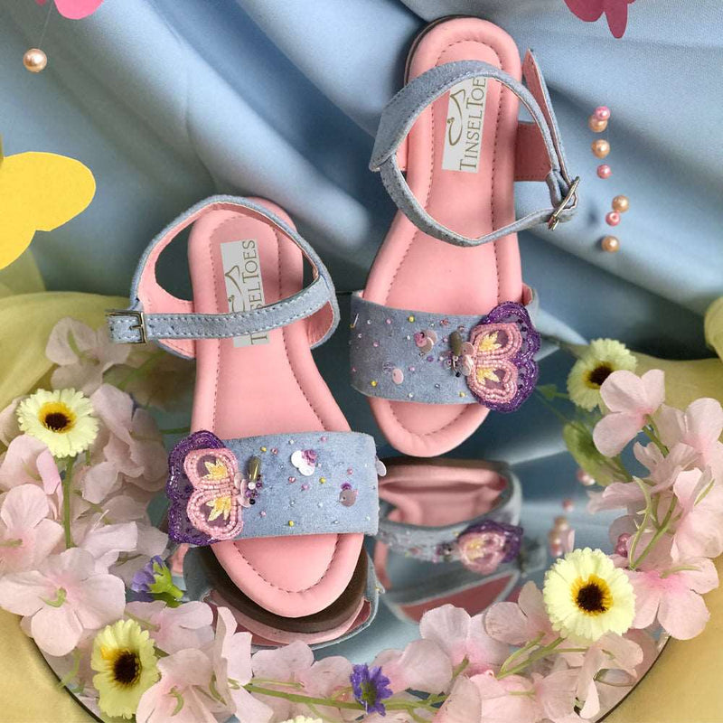 Beautiful blue and pink bellies adorned with colourful organza along with sequin and katdana for girls.