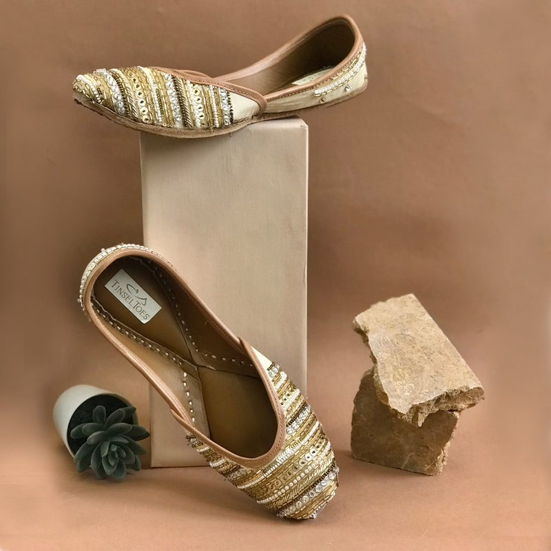 Golden sequins, pearls, pipe beads, katdana heavily embellished handcrafted premium juttis.