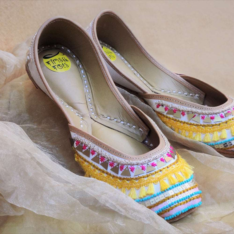 Yellow lace work, beads work, sequins, threads bohemian handcrafted premium juttis.