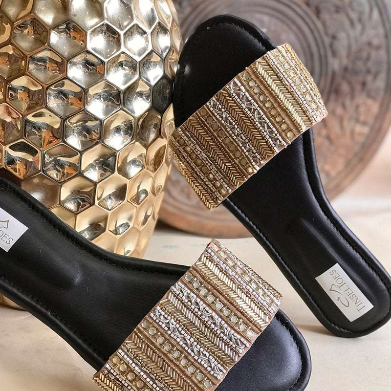Handcrafted Stylish Golden Sliders embroidered with premium quality stones, sequins, katdana and beadwork for Women.