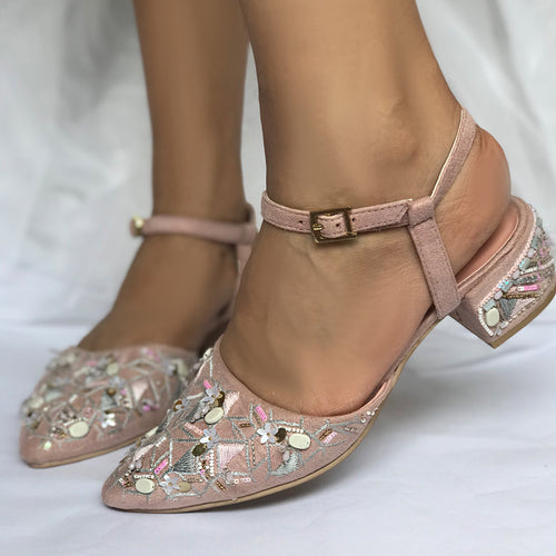 Stylish, party wear ankle tie pastel pink block heels embroidered with stones, threadwork, sequins, katdana and beadwork.