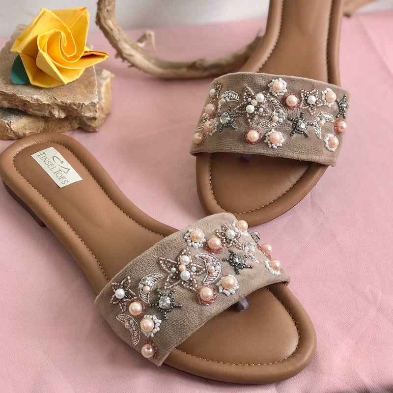 Stylish handcrafted sliders hand-embroidered using pearls, beadwork and katdana for women.