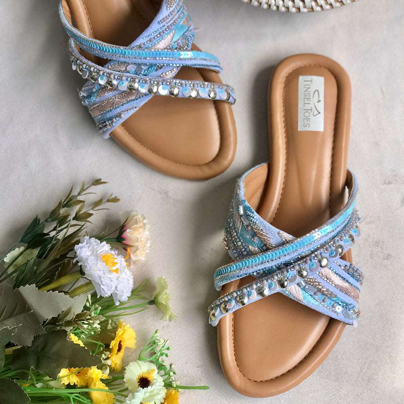 Handcrafted blue and gold embroidered with katdana, sequins and beadwork stylish sliders for women.