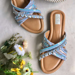 Handcrafted blue and gold embroidered with katdana, sequins and beadwork stylish sliders for women.