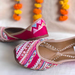 Festive wear Rani Pink premium handcrafted ethnic juttis embroidered with laces, katdana and stitchline detailings.