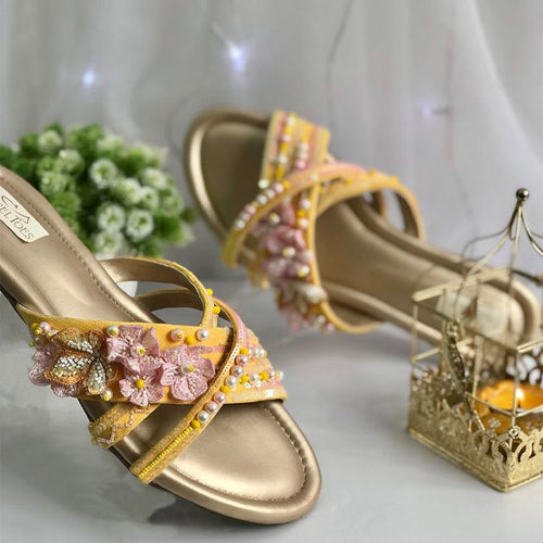 Stylish organza flowers, katdana and pearls embellished handcrafted Yellow Sliders for Women.