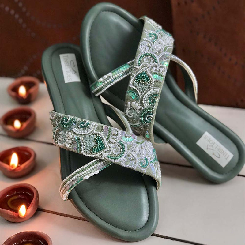 Handcrafted Premium sliders beautifully embroidered with katdana and sequins, beadwork for women.