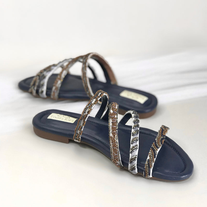 Stylish handcrafted copper and dark blue sliders hand-embroidered with katdana and beadwork.