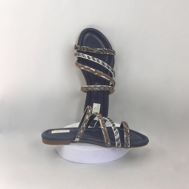 Stylish handcrafted copper and dark blue sliders hand-embroidered with katdana and beadwork.