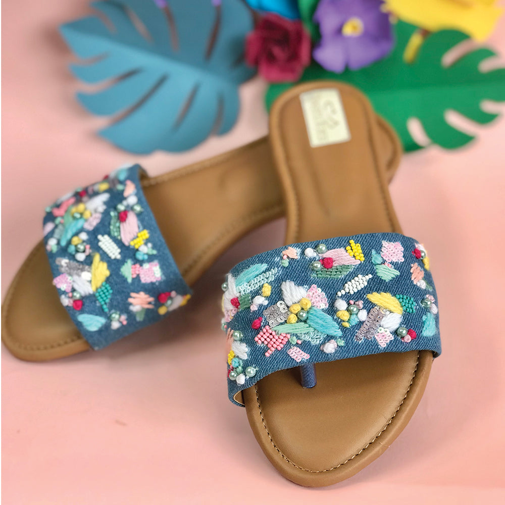 Handcrafted Denim Embroidered Sliders for Women - JAZZ – TinselToes