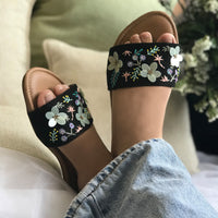 Stylish handcrafted sliders on black base hand-embroidered using sequins, threadwork, katdana and beadwork.