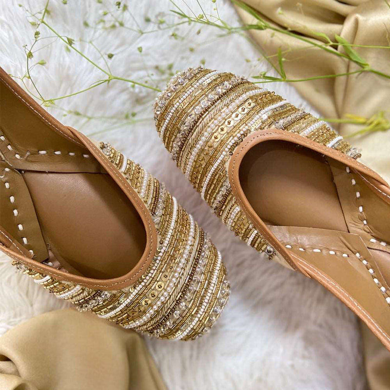 Golden sequins, pearls, pipe beads, katdana heavily embellished handcrafted premium juttis.