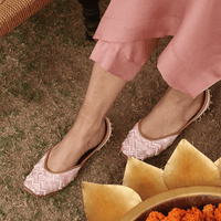 Stylish handcrafted nude pink sliders hand-embroidered using katdana, crystals, pearls and sequins for women.