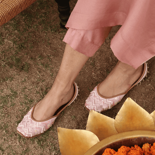 Stylish handcrafted nude pink sliders hand-embroidered using katdana, crystals, pearls and sequins for women.