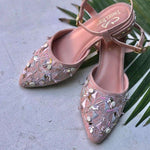 Stylish, party wear ankle tie pastel pink block heels embroidered with stones, threadwork, sequins, katdana and beadwork.