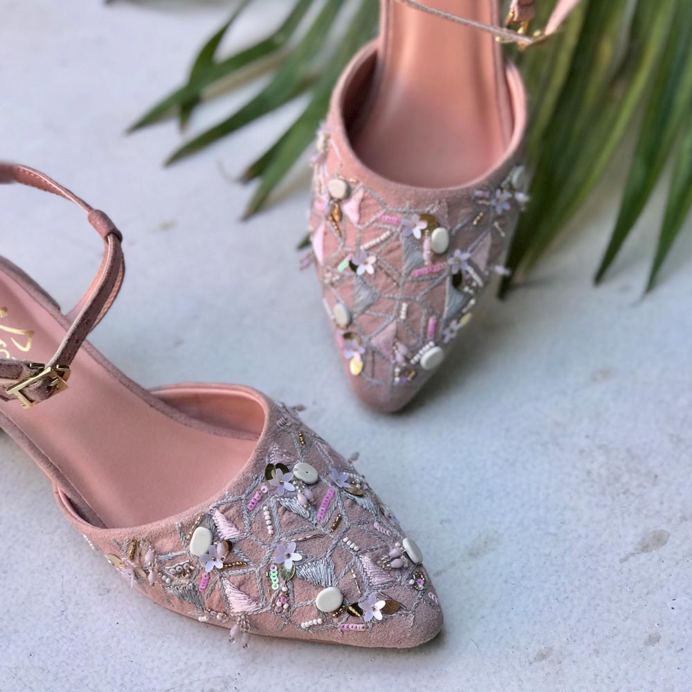 Stylish, party wear ankle tie pastel pink block heels embroidered with stones, threadwork, sequins, katdana and beadwork.