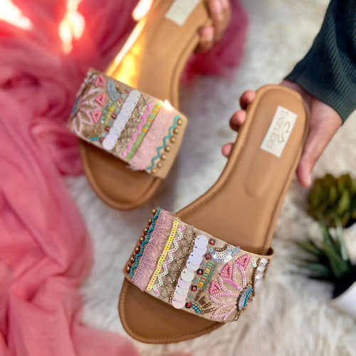 Stylish handcrafted sliders hand-embroidered using a unique variety of sequins, laces, katdana and beadwork.