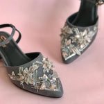 Stylish party wear ankle tie grey block heels embroidered with sequins, katdana and beadwork.