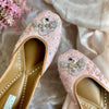 Stylish handcrafted pink jutti embroidered with premium quality sequins, stones, pearls thread work and katdana for women.