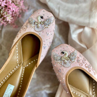 Stylish handcrafted pink jutti embroidered with premium quality sequins, stones, pearls thread work and katdana for women.