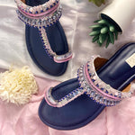 Stylish handcrafted blue pink Kolhapuris hand-embroidered using pearls, crystals, beadwork and katdana for women.